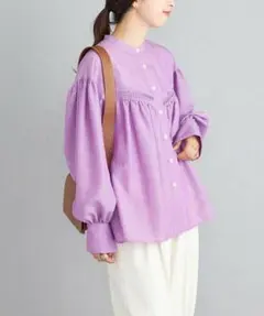 極美品✨定価１.６万❤️　パープル　洗える　シャルマンダンガリーギャザーブラウスのサムネイル