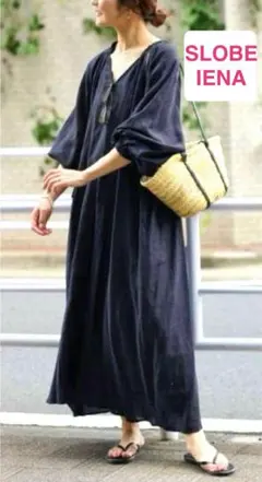 SLOBE IENAスローブイエナ★ネイビーボリュームスリーブリネンワンピース