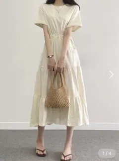 クリーム色 半袖カットソーワンピース FREEサイズ