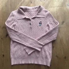 ピンク ケーブル編み ポロセーター 長袖