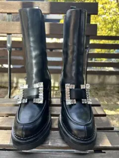 ビジュー付きブラックサイドゴアブーツ