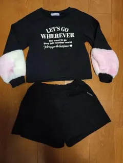 ファー袖 トップス＆ショートパンツ　裏起毛　黒