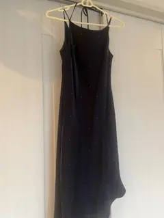 パーティー用 ネイビー ノースリーブ ロングワンピース ビジュー付き