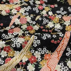 1880★着物　正絹　立波舞花金彩模様　袖ハギレ35×118★