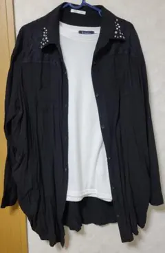 レースビジュー付き黒長袖シャツセット　大きいサイズ3L