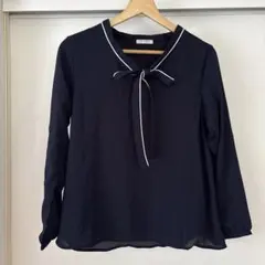 GLACIER ネイビー 長袖ブラウス ボウタイ風