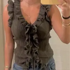 ZARA リボン フリルトリム ニットトップス カーキ