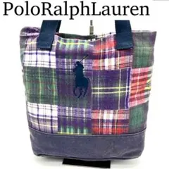【良品】RalphLauren ホースロゴ トートバッグ タータンチェック 紺