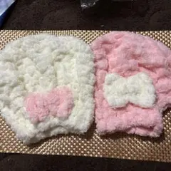 ピンクと白のストライプ ヘアドライタオルキャップのサムネイル