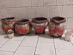 いちごデザイン 陶器植木鉢 4個セット
