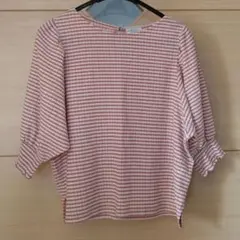 ピンクと白のストライプ五分袖トップス M