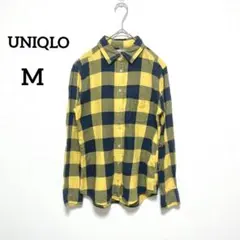 ユニクロ　フランネルチェックシャツ　黄色　紺色　長袖　チェック柄　M　323