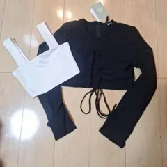 クロップド長袖トップス 黒・タンクトップ白のセット