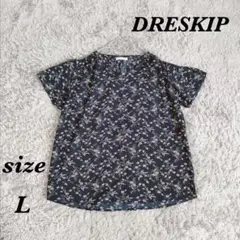 DRESKIP (L) 半袖トップス 花柄 キーネック サラサラ生地 夏服