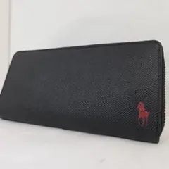 【美品】ポロラルフローレン 長財布 ラウンドジップ レザー ブラック系 赤ポニー