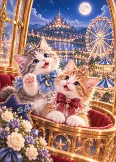 【2枚1000円】猫アート 月夜の遊園地ではしゃぐ子猫たち 2L