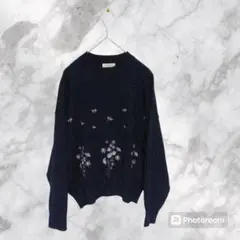 earth　レディース　長袖　ネイビー　Free　セーター　花柄刺繍