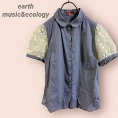 earthmusic&ecology半袖シャツ　花柄レース袖花柄ボタン 綿/M