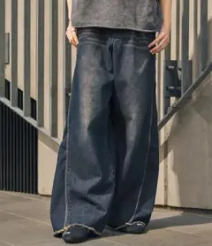 ヴィンテージ加工2WAYサイドジップワイドデニムパンツ