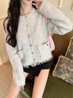 【新品即発送】GRL フリンジツイードニットカーディガン[an1394]