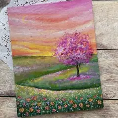アクリル画　オイルパステル画　春の夕暮れNo.3 風景画　キャンバスアート
