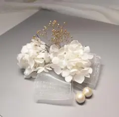 ドライフラワー髪飾り　浴衣　祭り　結婚式　七五三　発表会　リボン　ホワイトのサムネイル