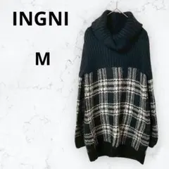 ＊イング＊タートルネック チェック柄 切り替え ニットワンピース チュニック M