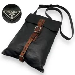 美品■プラダ 三角ロゴ オールレザー ショルダーバッグ ベルト A4収納可能
