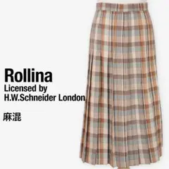 Rollina チェック柄プリーツロングスカート 麻混 M ベージュ