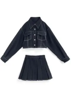 grl ショート丈ジャケット×プリーツミニスカートセットアップ(ネイビー)