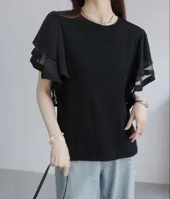 袖シアー異素材ラッフルフリル袖トップス