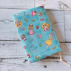 ④ レトロ女の子柄 ブルー 文庫本ブックカバー ハンドメイド