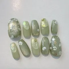 ｛ショートバレリーナ｝大人フラワー 春 グリーン マグネット ネイルチップ