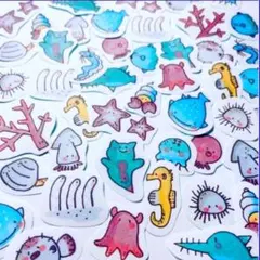 【52】フレークシール 51枚　深海魚　水族館 ご褒美シール オリジナル