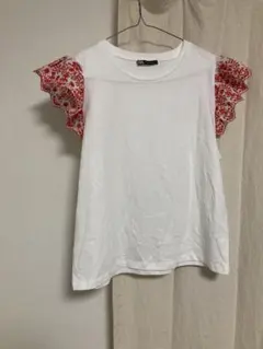 ZARA フリル袖 Tシャツ M ホワイト/レッド