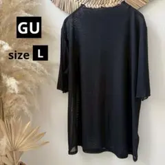 美品【GUジーユー】シアートップス（五分袖）ストレッチ・フリルネック◇黒【L】