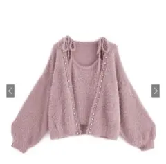 パールカーディガン×リボンキャミソール シャギーニットアンサンブル ピンク