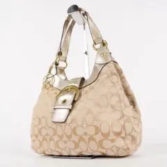 【美品✨】コーチ ホーボーバッグ シグネチャー キャンバス レザー ベージュ
