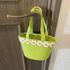 ハンドメイド 緑色 かごバッグ 花刺繍