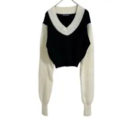 （SHINEシーイン）Vネック クロップド丈ニットセーター ブラック・ホワイト
