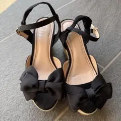 美品リボン付き黒エスパドリーユサンダル