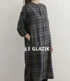 1409　Le GLAZIK ノーカラーチェックウールシャツワンピース