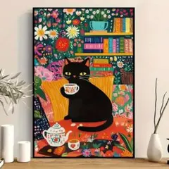 アートポスター　猫と花柄クロス　3040　キャンバスアート　ミッドセンチュリー