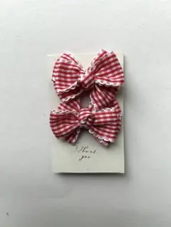 赤と白のチェック柄リボンヘアゴム2個セット