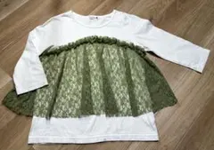 Branshes ブランシェス レース切り替え長袖Tシャツ 白×カーキ 150