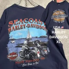 US古着 ハーレーダビッドソン Tシャツ XL 紺 両面プリント バイク 海