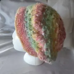 ハンドメイド ニット帽子 クロシェビーニー ベレー帽 マルチカラー No704