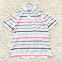 n8761 新品未使用✨クロコダイル ボーダー柄半袖ポロシャツ ゴルフ ロゴ刺繍