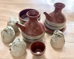 陶器製酒器セット 茶色 ストライプ