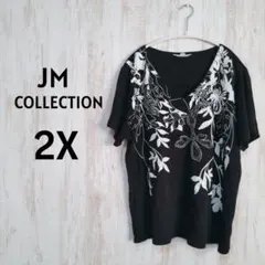 JM COLLECTION【2X】ブラック 黒 花柄半袖Tシャツ 1点もの レア